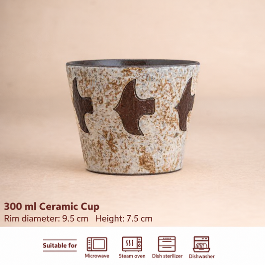 Speckled Bird Ceramic Cup — 300 ml, English dimensions and care labels