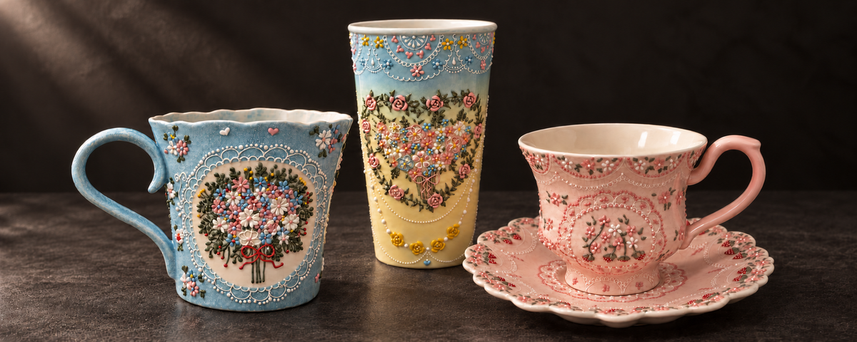 Three handmade floral ceramic cups arranged on a dark background