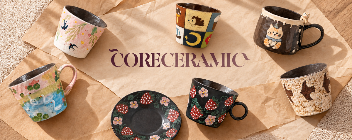 Six handmade ceramic cups including Patchwork Story, with a strawberry saucer on kraft paper around the CORECERAMIC logo