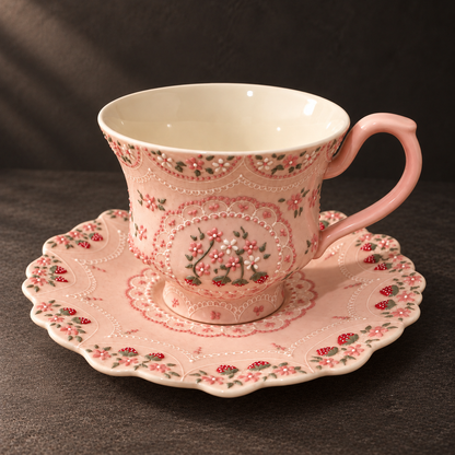 Pink Strawberry Ceramic Cup and Saucer — front view