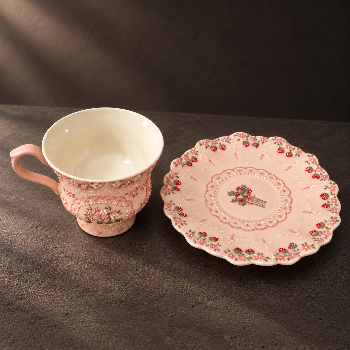 Pink Strawberry Ceramic Cup and Saucer — alternate view