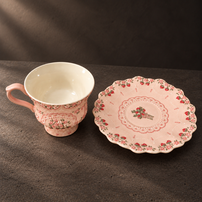 Pink Strawberry Ceramic Cup and Saucer — alternate view